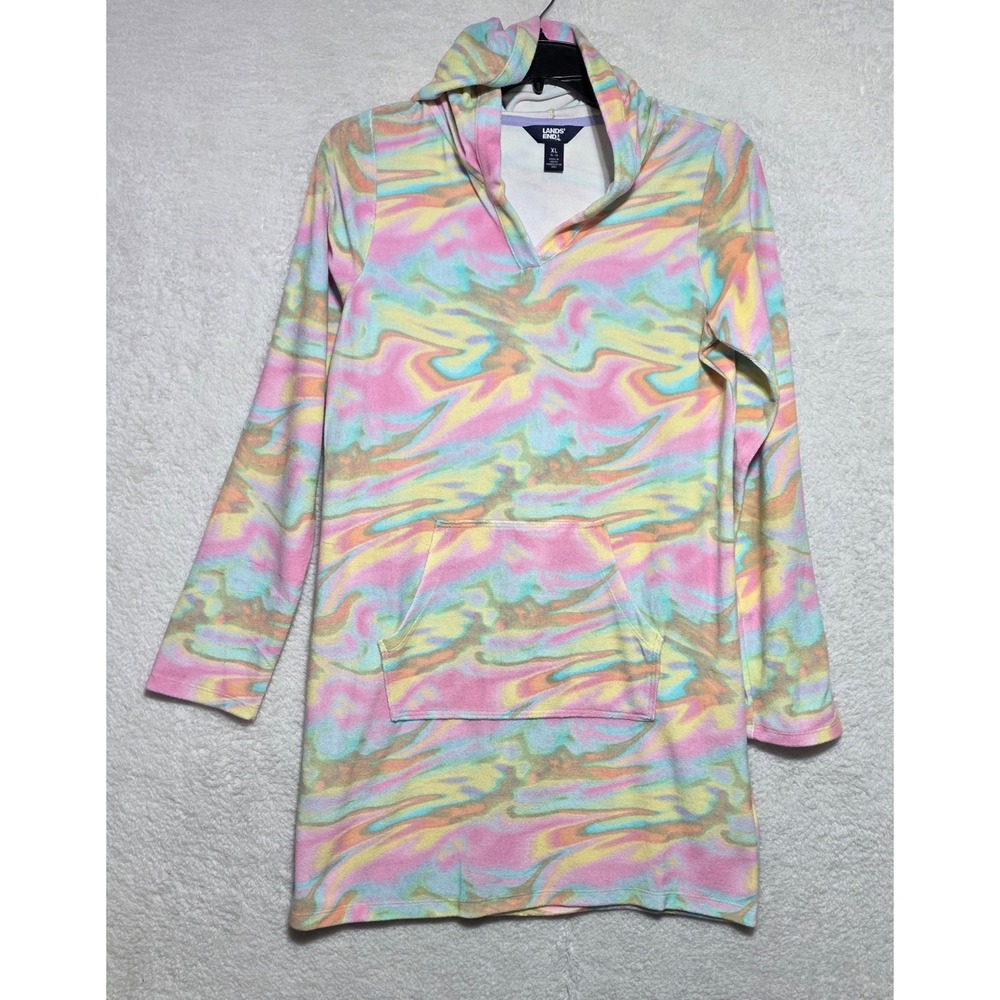 Lands' End Girls XL 14-16 Hooded Swim Cover-Up Marble Swirl Pastel